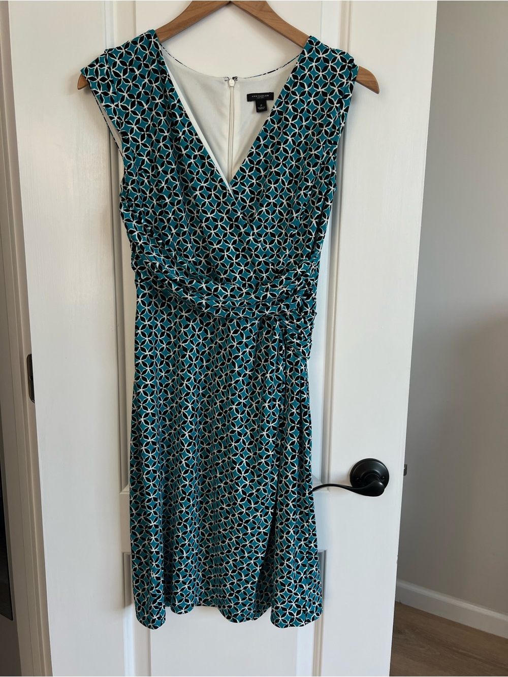Ann Taylor Teal and White Geometric Wrap Dress